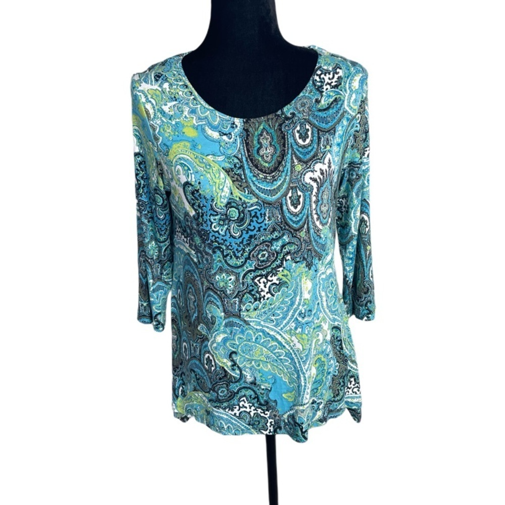 3/30$🔥 Ruby Rd. Blue Paisley print Jersey blouse top size Small Petite